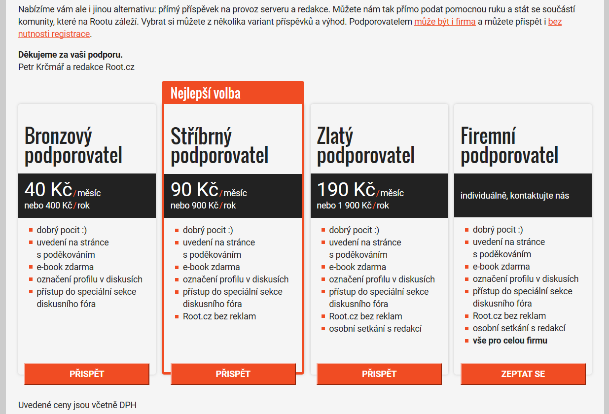 Root nabízí věrným čtenářům možnost stát se podporovatelem serveru a v rámci toho číst web bez reklam.