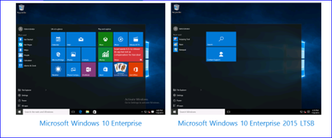 Zjevně prázdná výchozí nabídka Start v Enterprise LTSB 2015 oproti běžné instalaci