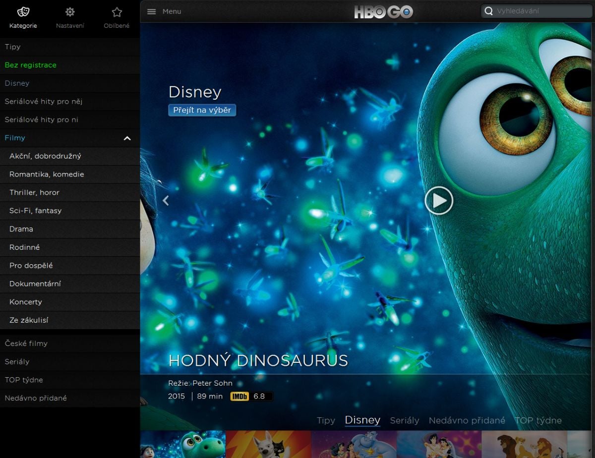 Volba „Bez registrace“ ukáže obsah zdarma.