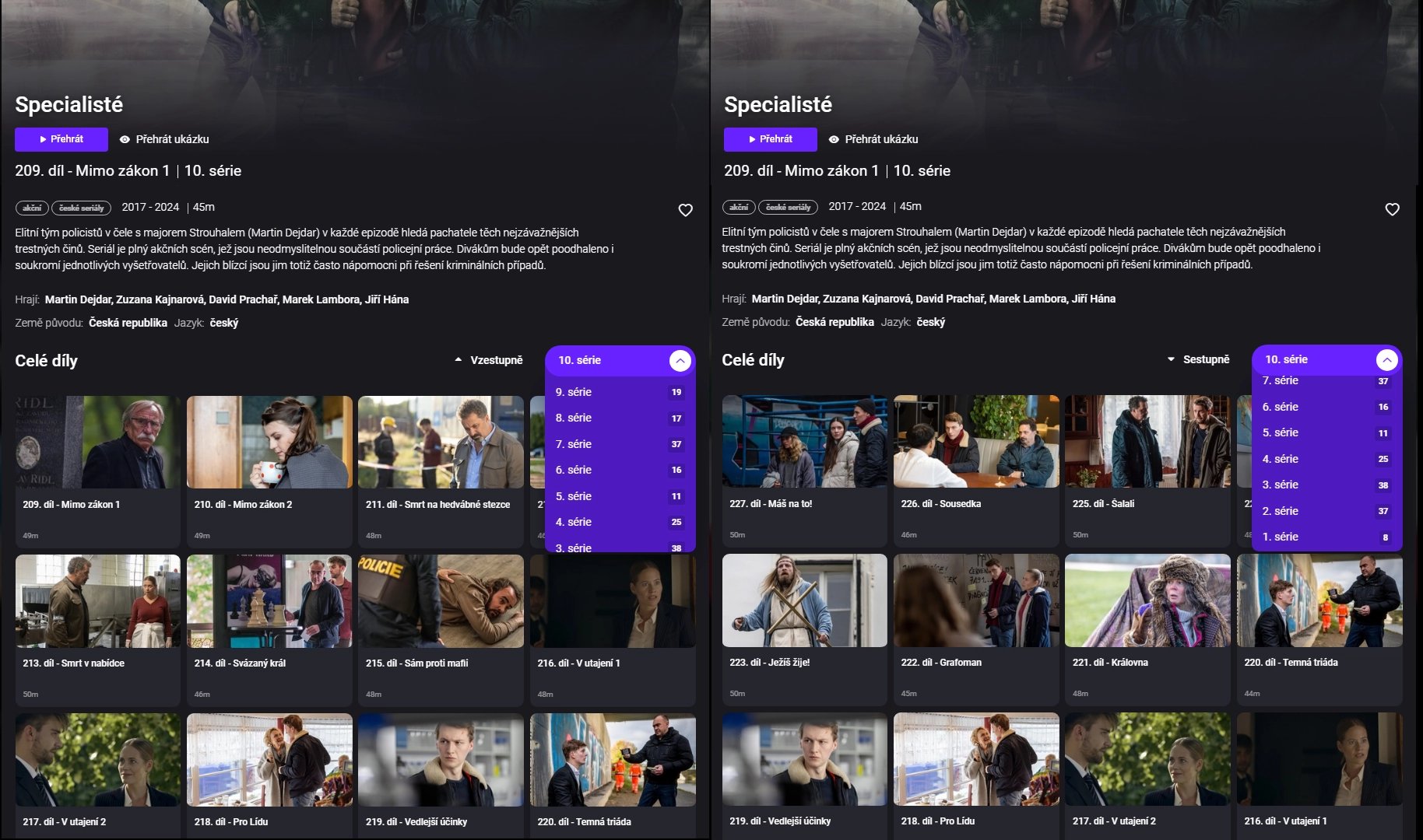 Voyo - řazení epizod seriálu