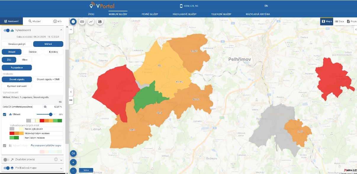 Vyhodnocení pokrytí na základě měření – Několik oblastí v okolí Pelhřimova (Operátor O2, síť 5G)