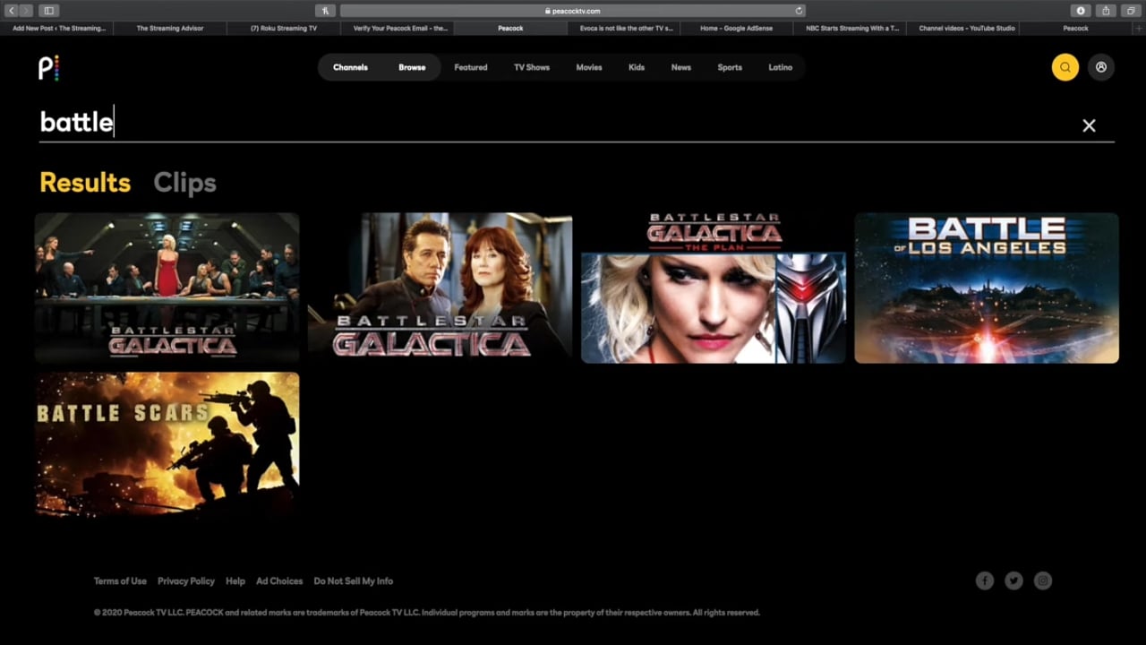 Peacock v prostředí internetového prohlížeče