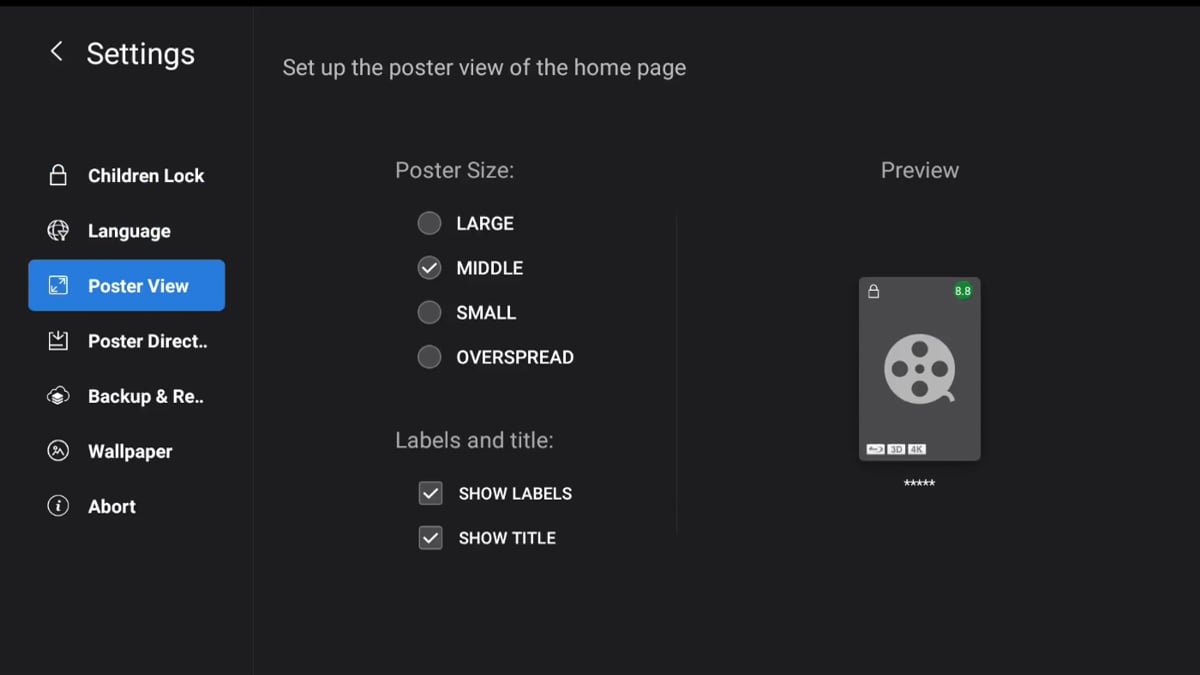 Zidoo X20 Pro - Nastavení aplikace Poster Wall 2.0