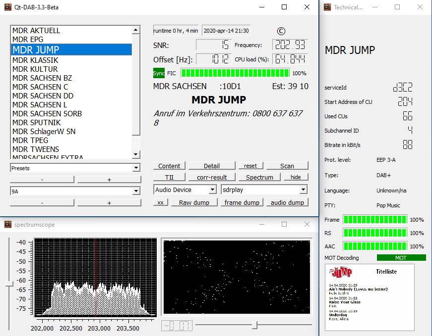 Příjem německých multiplexů pomocí SDR přijímače a SW Qt-DAB