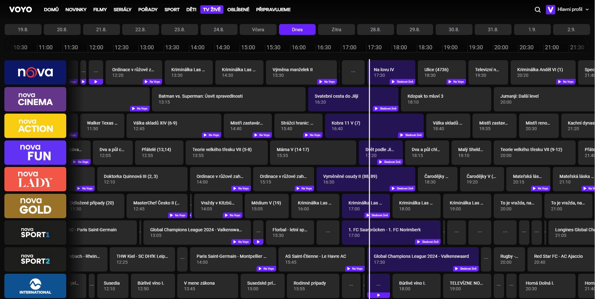 Podoba programového průvodce ve webové verzi služby Voyo