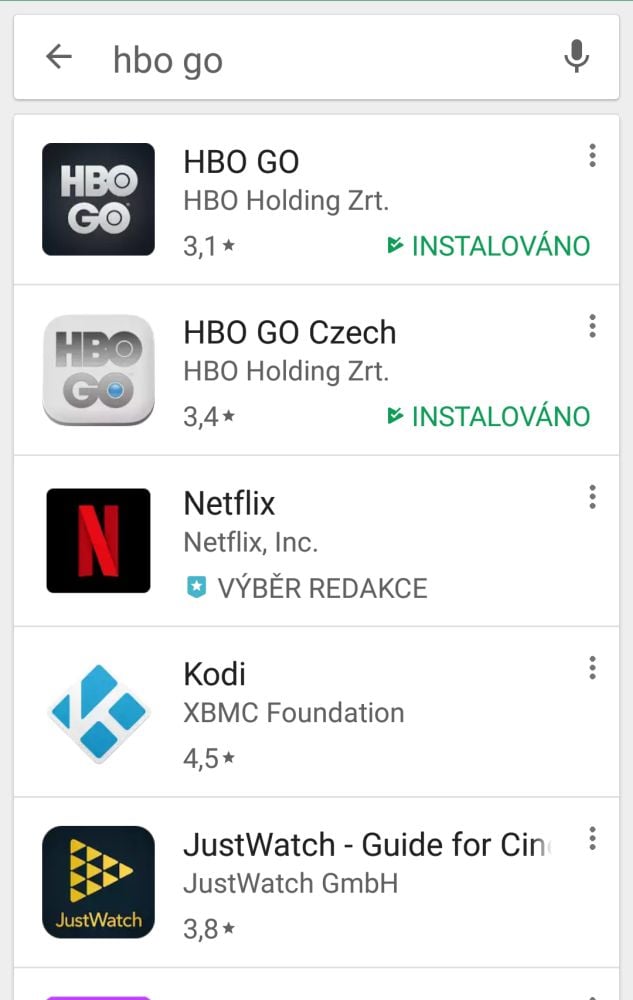 Nefunkční aplikaci (světlá barva) je třeba manuálně odstranit.
