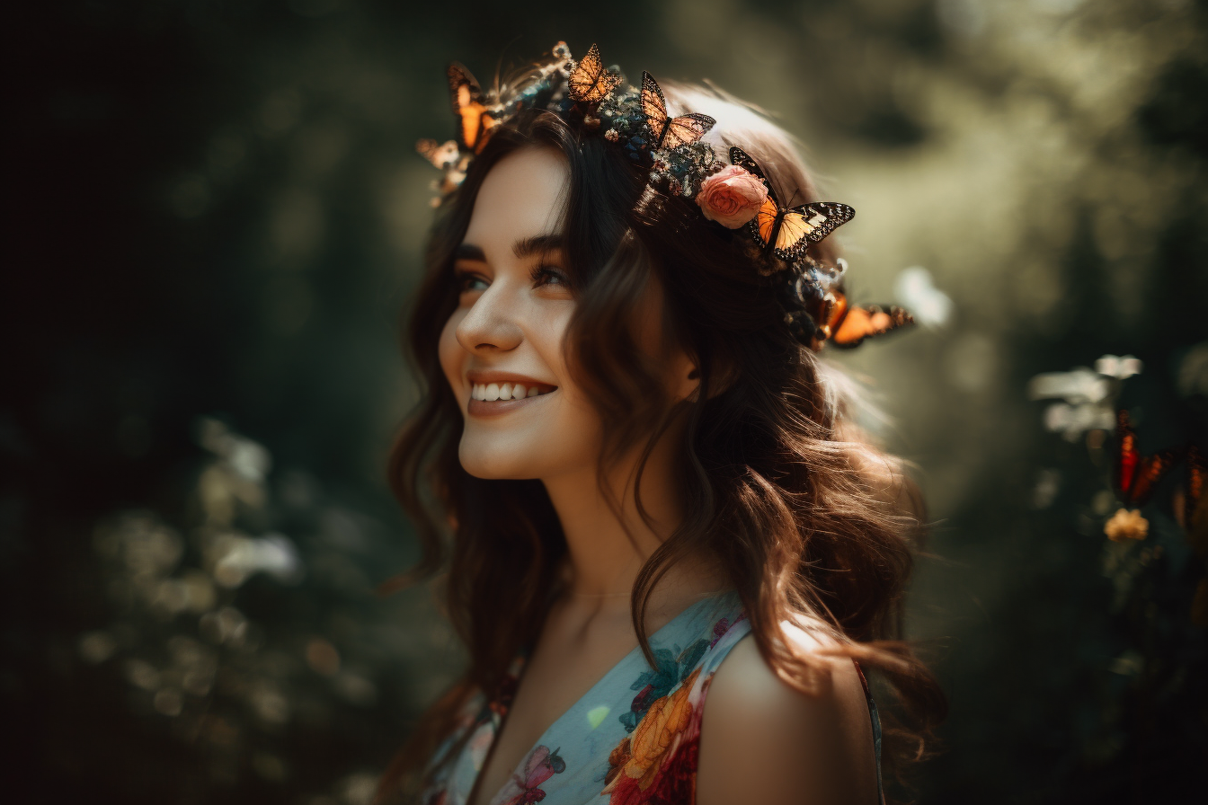 Zadaný prompt: 35 years woman, alice in wonderland, smile, fun, happy, modern, fashion style, fairy tale, butterflies, beauty, brown hair, hair up, sun light, flowers, forest, insane detail, smooth light, real photography fujifilm superia --ar 3:2