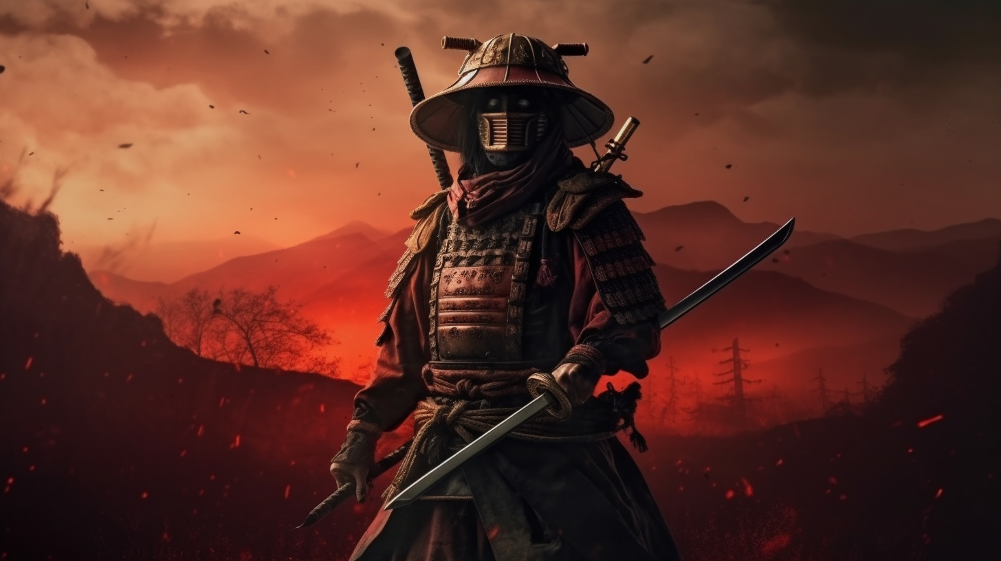 samurai warrior with mask holding sword and on background battlescene oil painting --ar 16:9