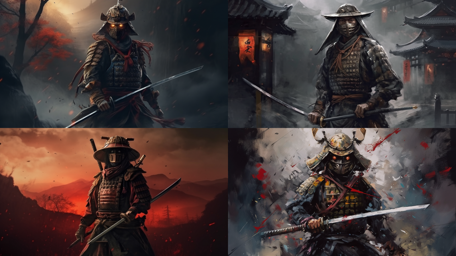 samurai warrior with mask holding sword and on background battlescene oil painting --ar 16:9