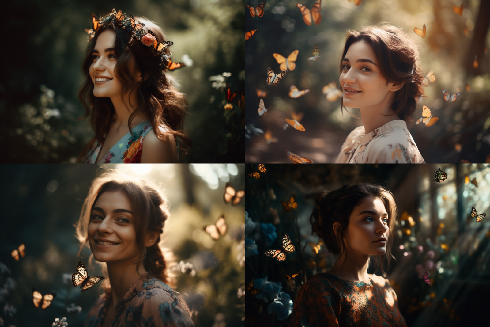 Zadaný prompt: 35 years woman, alice in wonderland, smile, fun, happy, modern, fashion style, fairy tale, butterflies, beauty, brown hair, hair up, sun light, flowers, forest, insane detail, smooth light, real photography fujifilm superia --ar 3:2