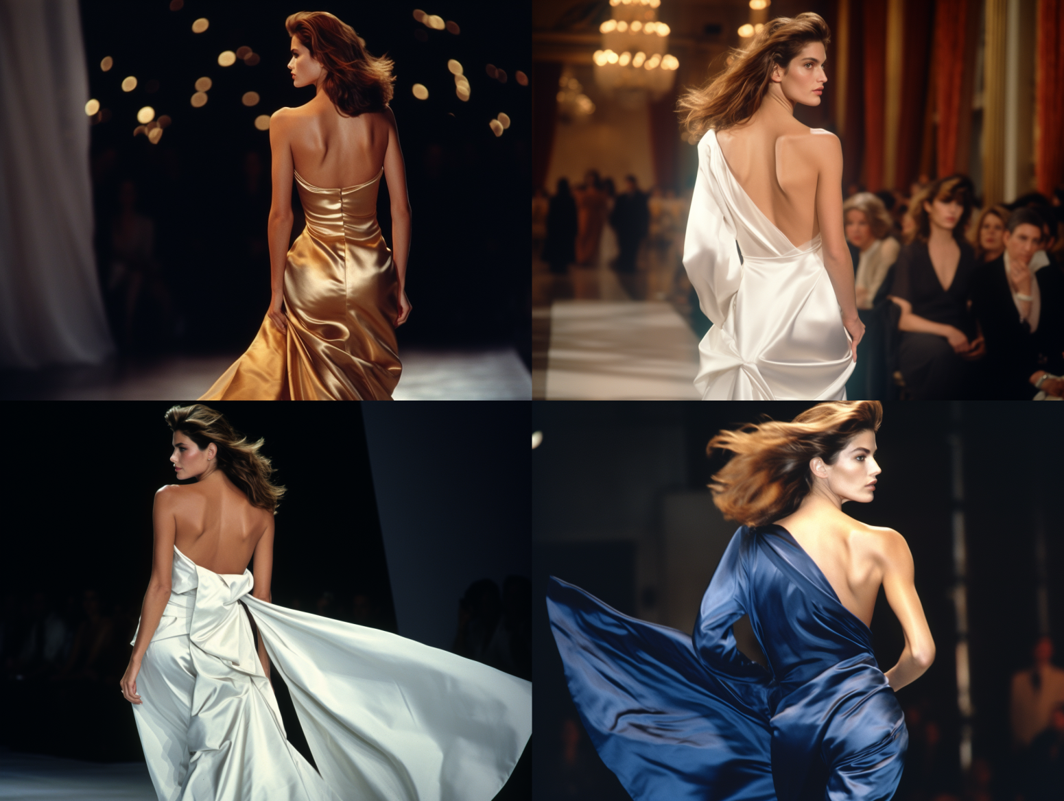 fashion show, model Cindy Crawford, model walking away, everything satin --ar 4:3