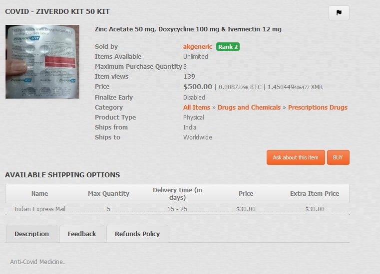 "Medicína proti koronaviru" v nabídce jednoho z dark marketů.