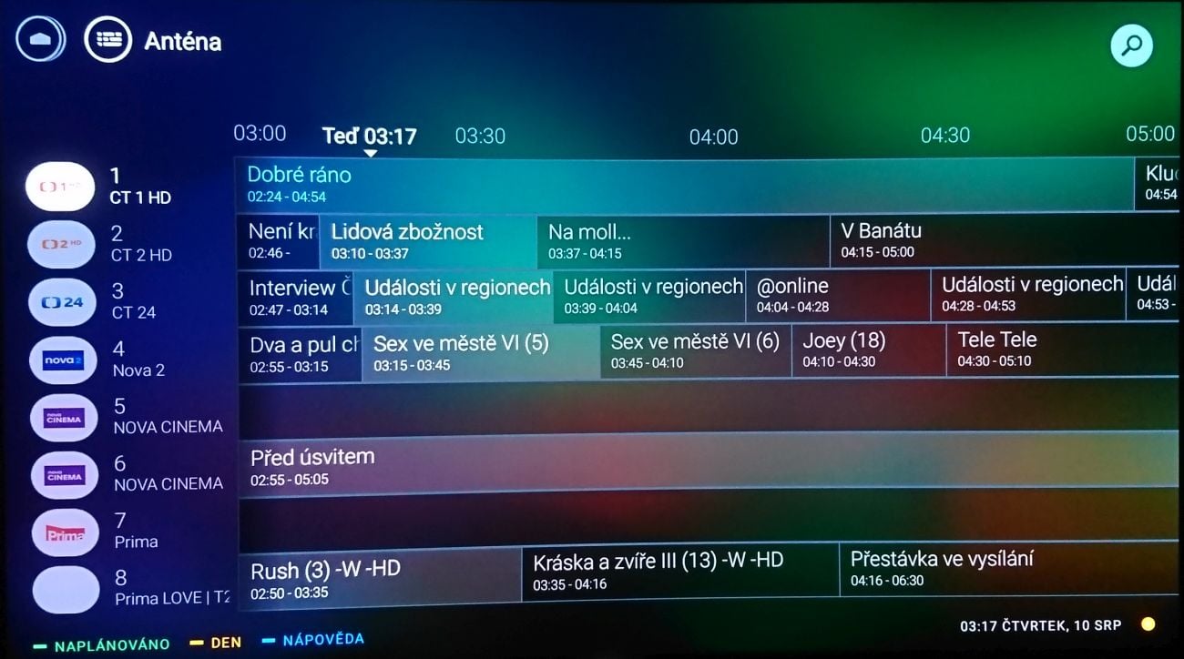 Standardně naběhne programová nabídka takto. Stačí ale chvilku počkat a...