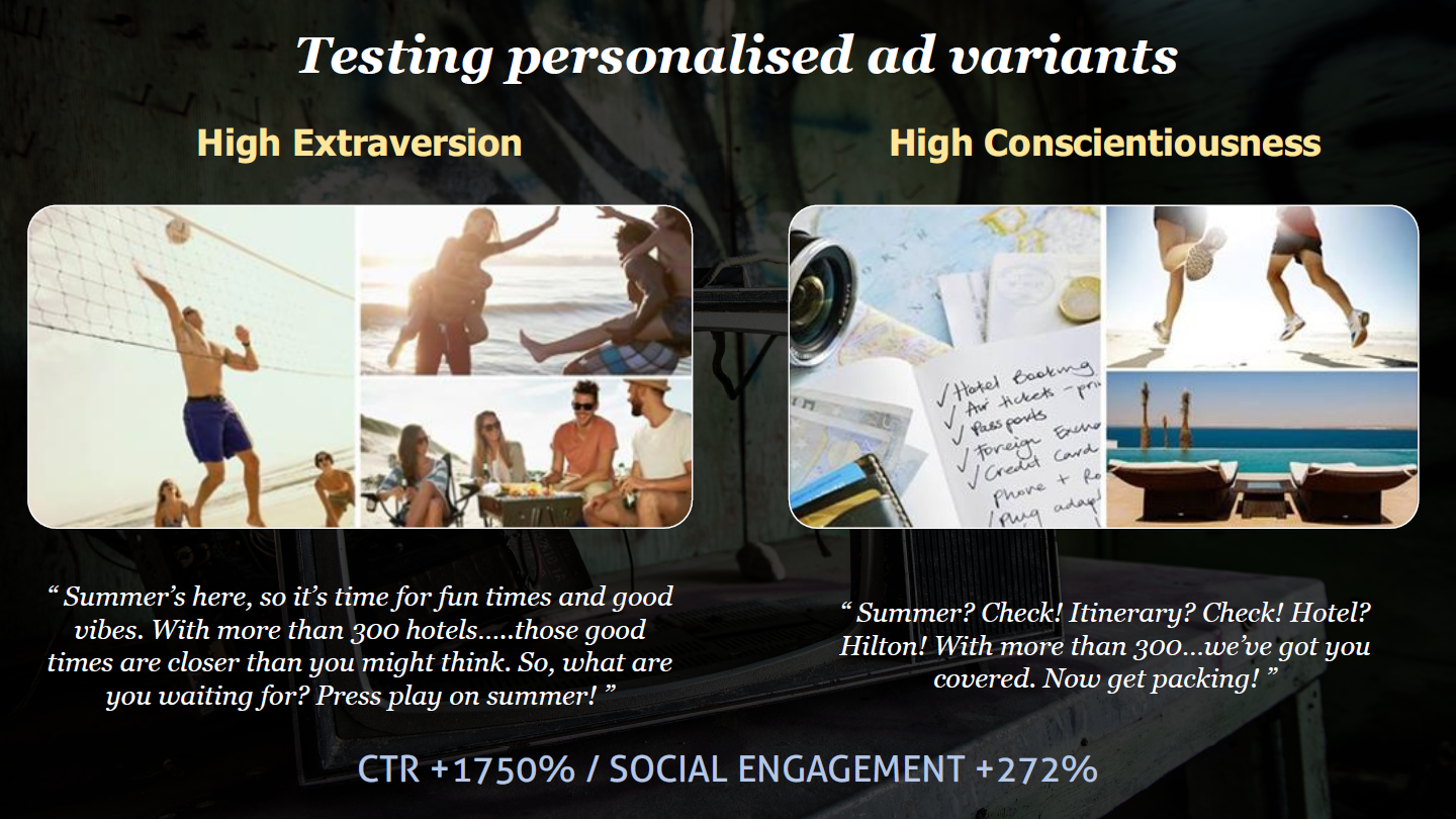 Příklad volby reklamy: vlevo pro silné extroverty, vpravo pro lidi vysoce svědomité.