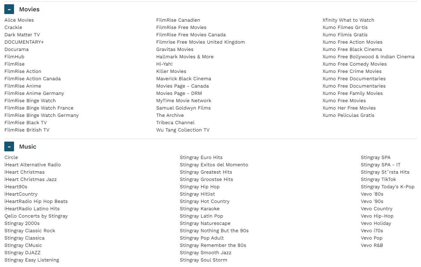Xumo – ukázka z globálního seznamu kanálů