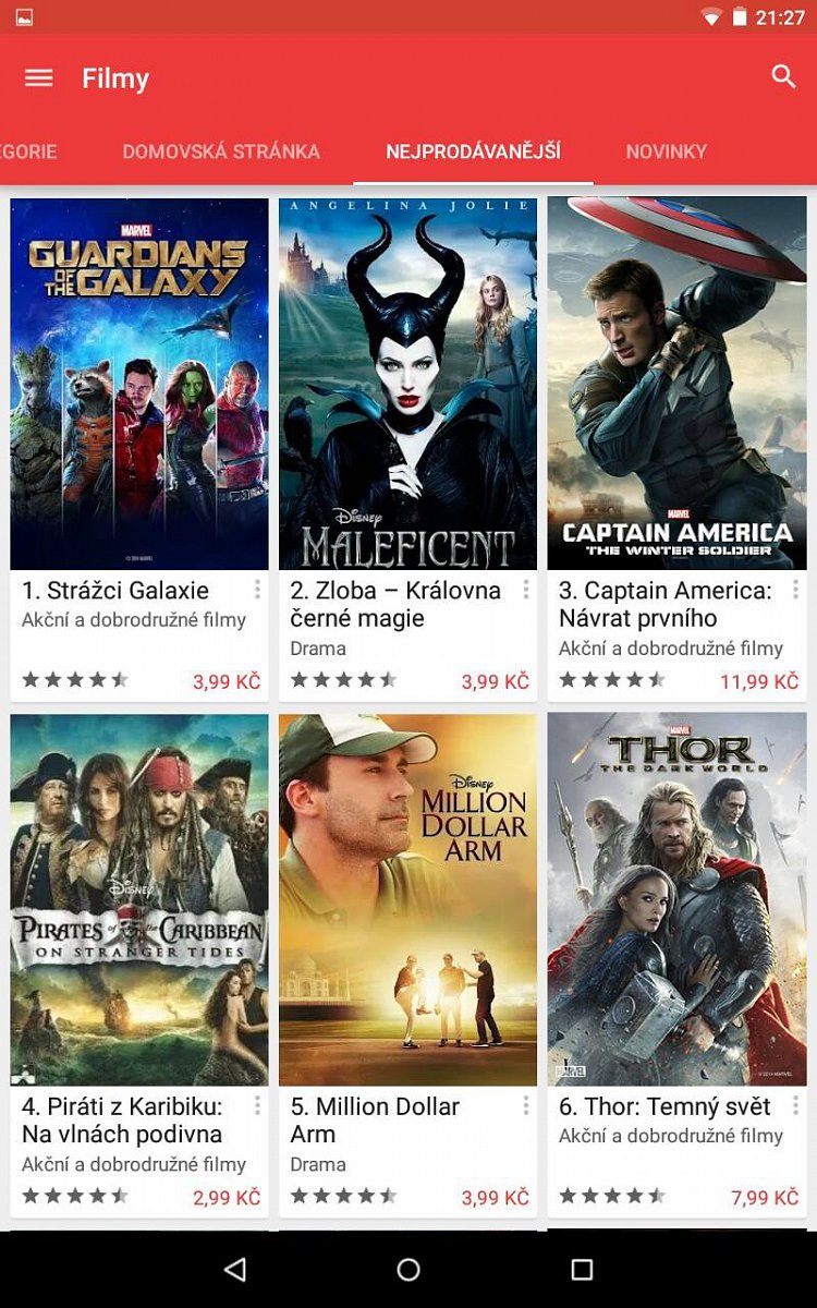 Filmy na Google Movies od studia Disney bylo možné včera koupit doslova za pár korun. Obrázek lze zvětšit.