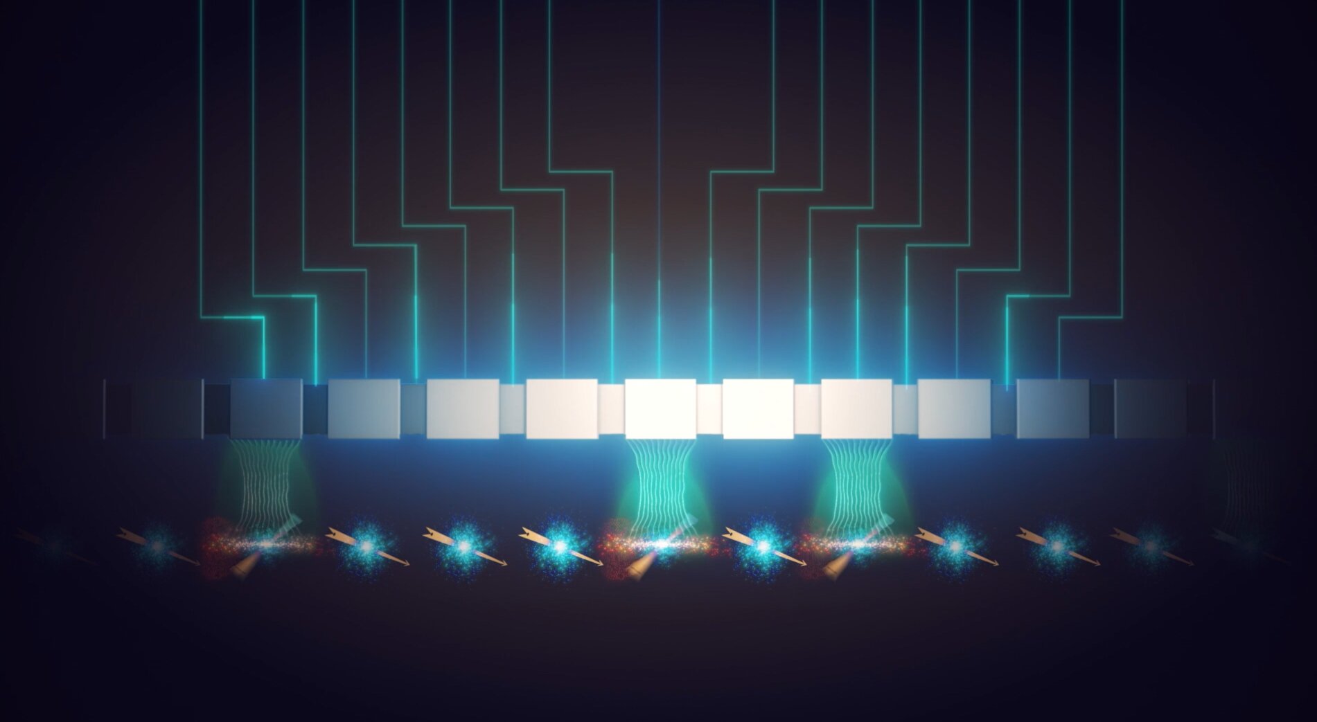 Artistické znázornění, jak lze spinové qubity jednodušeji řídit pomocí elektrického pole (tzv. intrinsic spin-orbit EDSR metodou)