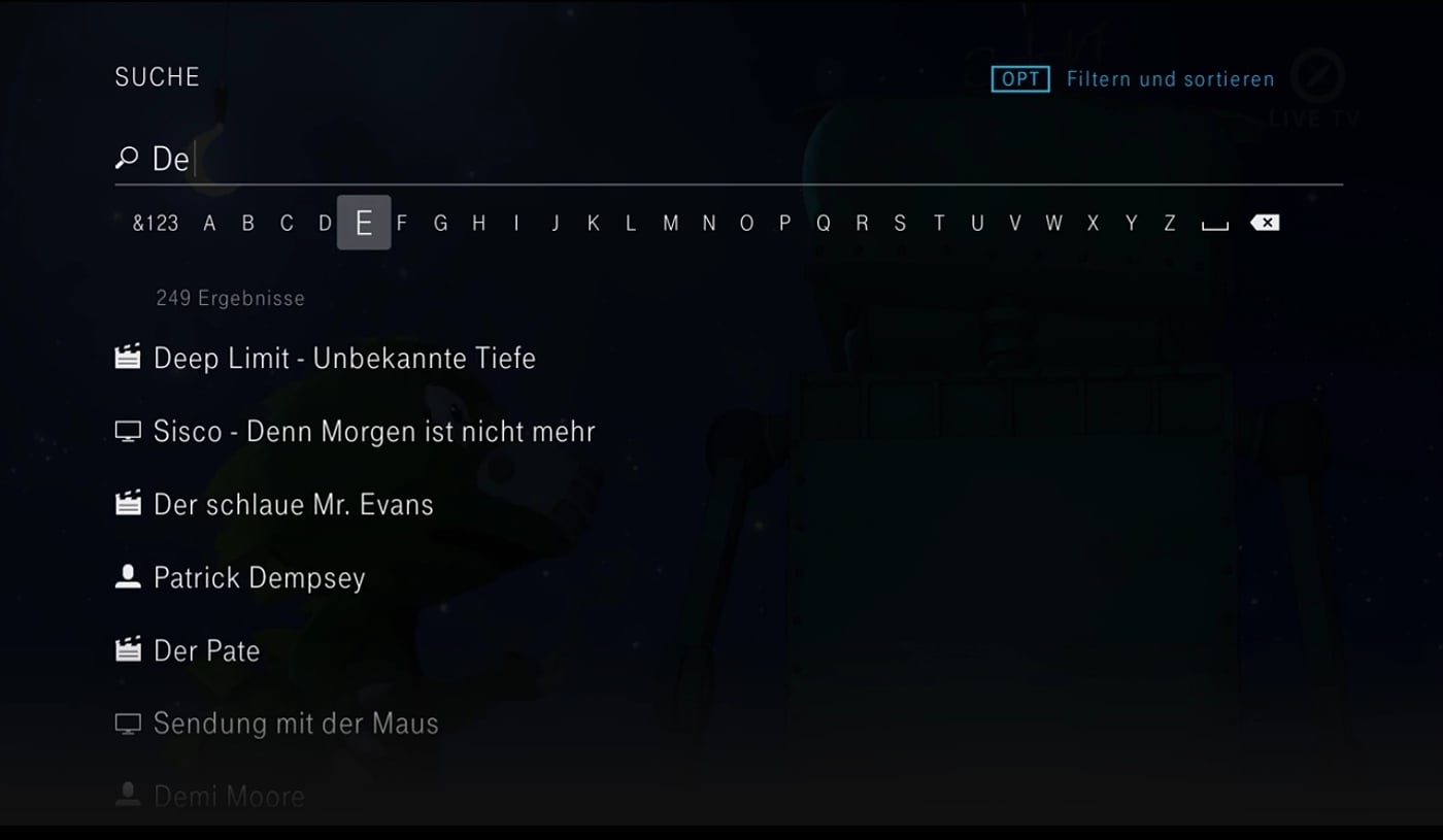 EntertainTV - vyhledávání obsahu
