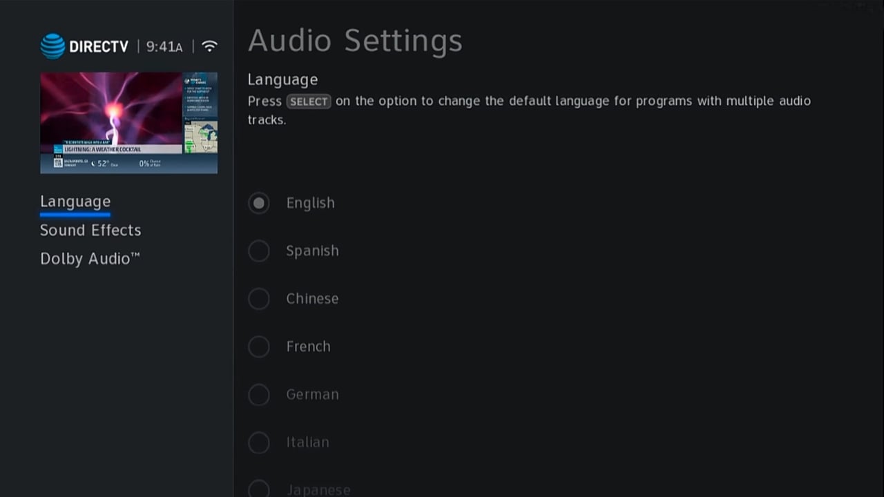 DIRECTV - Menu nastavení a nastavení audia