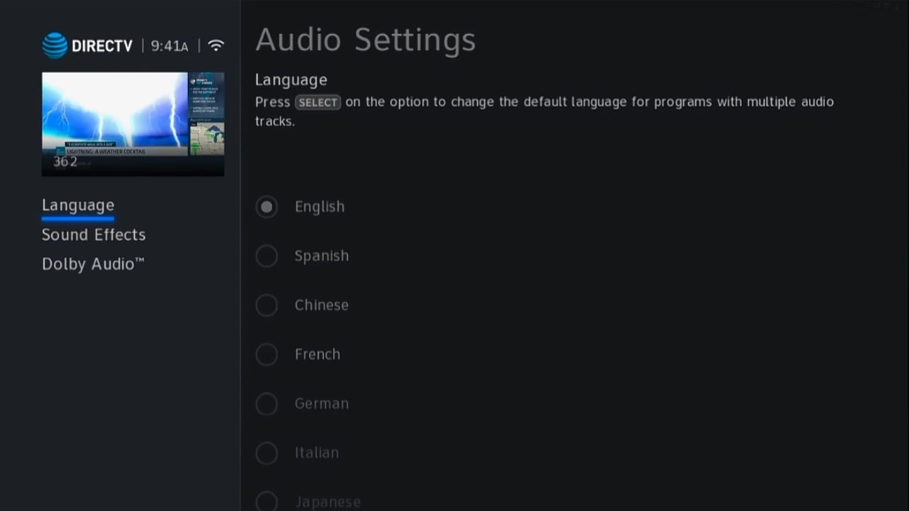 DIRECTV - Menu nastavení a nastavení audia