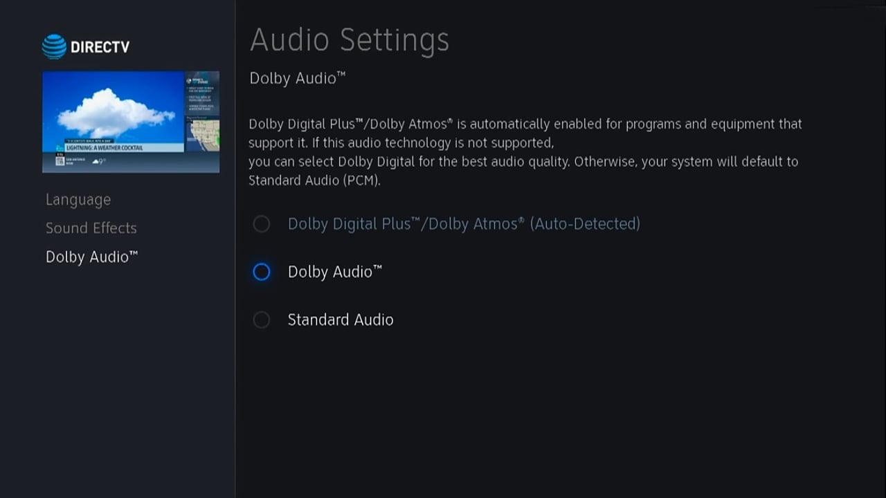 DIRECTV - Menu nastavení a nastavení audia