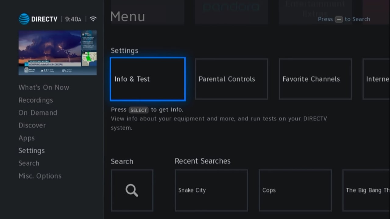 DIRECTV - Menu nastavení a nastavení audia