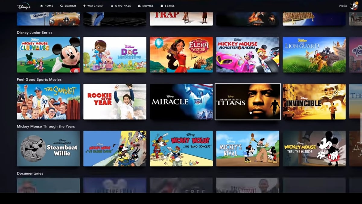 Sekce na hlavní straně Disney+