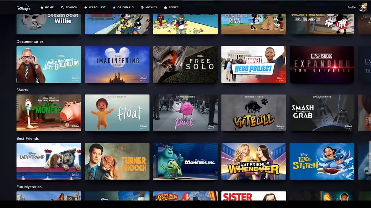 Sekce na hlavní straně Disney+