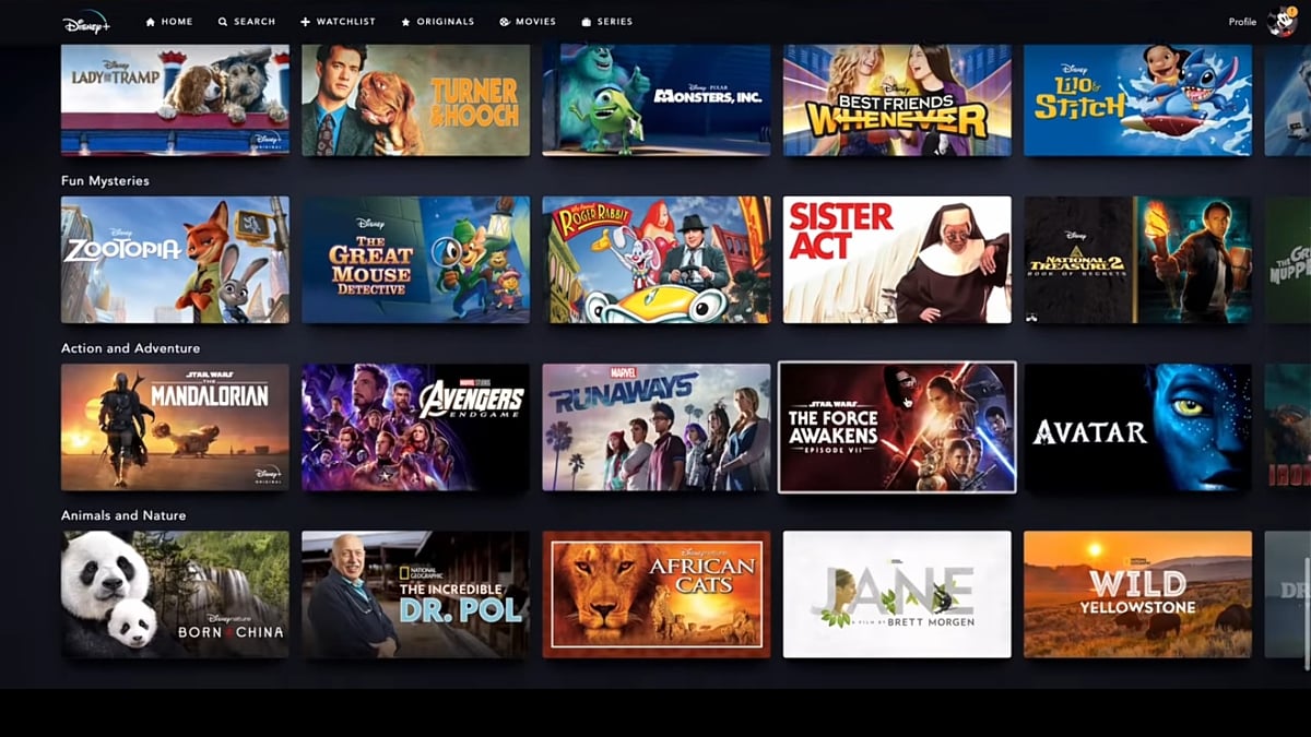 Sekce na hlavní straně Disney+