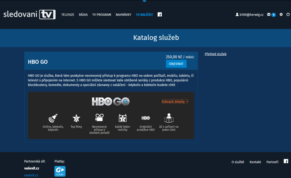 Nabídka HBO Go v okamžiku, kdy zmáčknete tlačítko Katalog. Přes tlačítko OBJEDNAT pak vstoupíte rovnou do košíku...