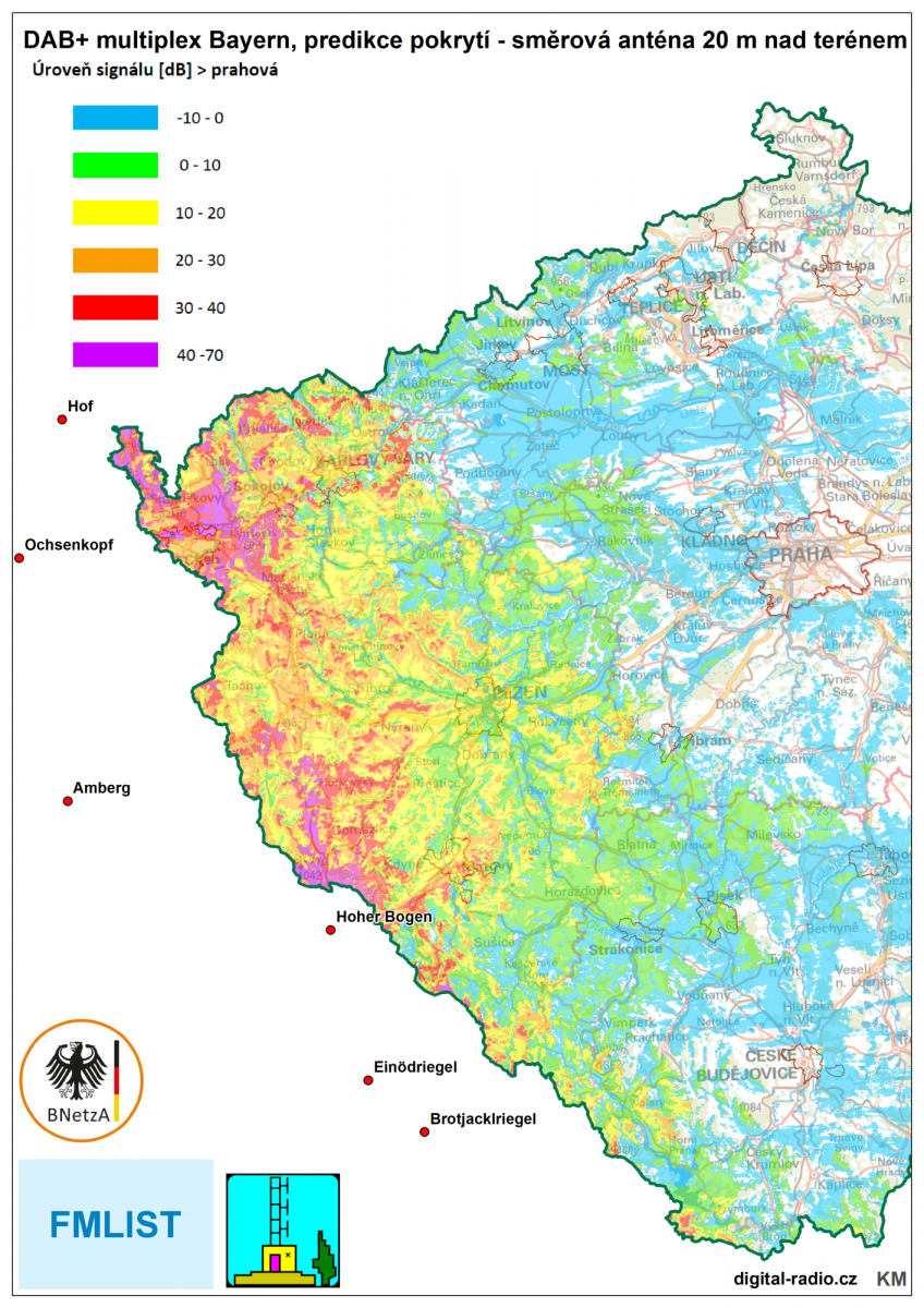 Predikce pokrytí DAB+ multiplexu Bayern, směrová anténa 20 m nad terénem