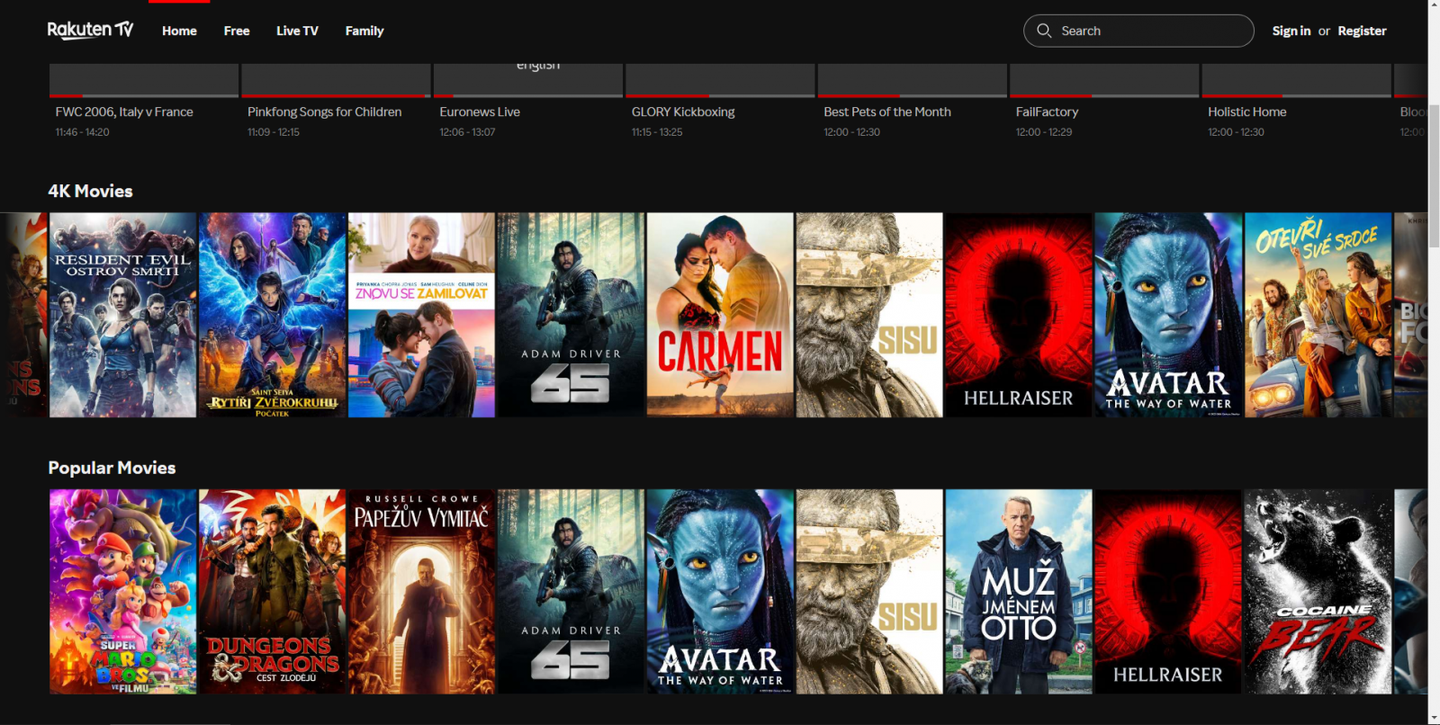 Rakuten - placené sekce 4K a Popular Movies