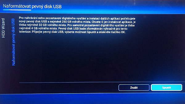 Nahrávání pracovalo s diskem Freecom naprosto pohodově a jediné co k němu potřebujete, je minimálně 250GB USB médium, které se naformátuje a spáruje s vaším televizorem.