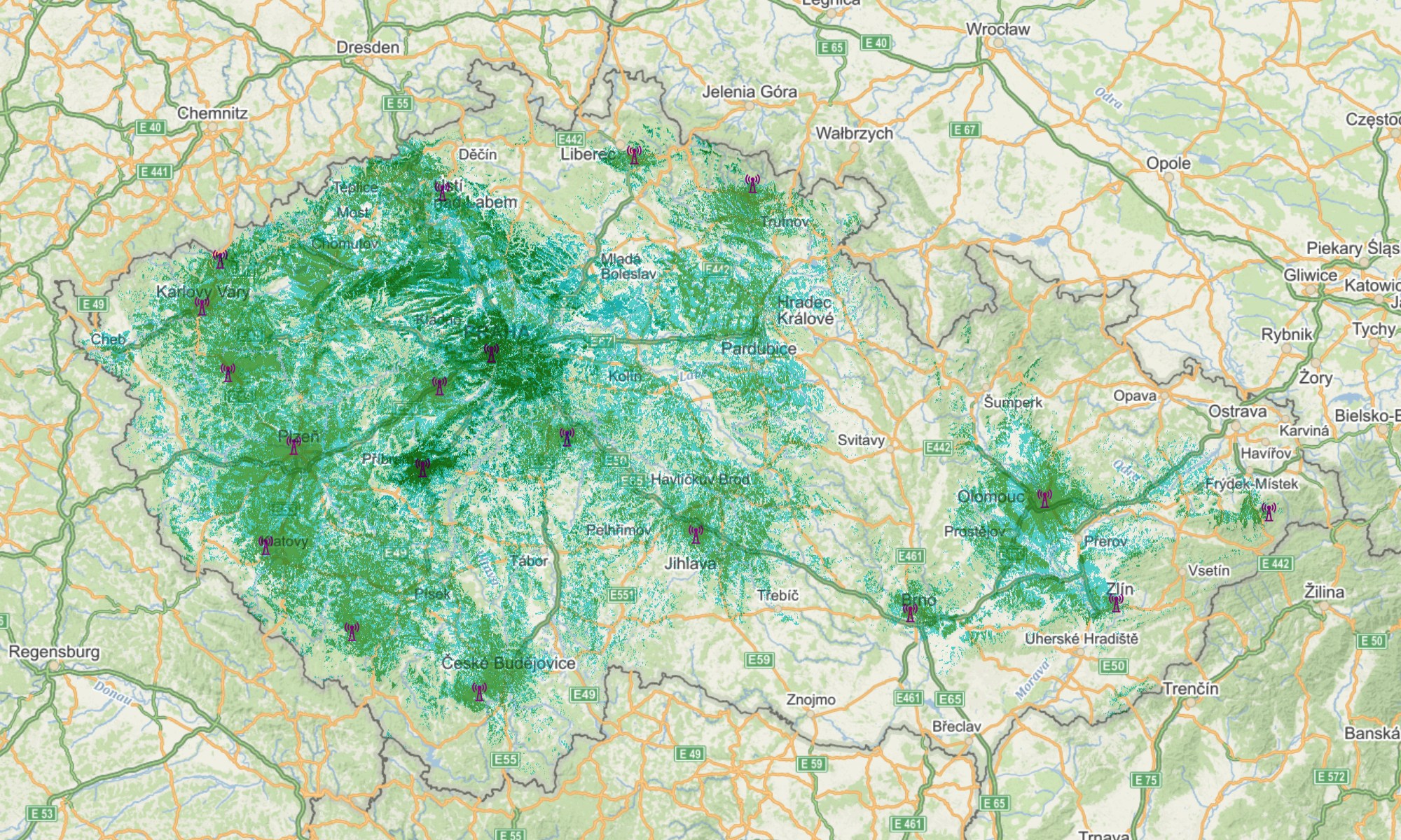 Souhrnná mapa pokrytí komerčních DAB+ sítí provozovaných firmami Teleko a RTI CZ, listopad 2021