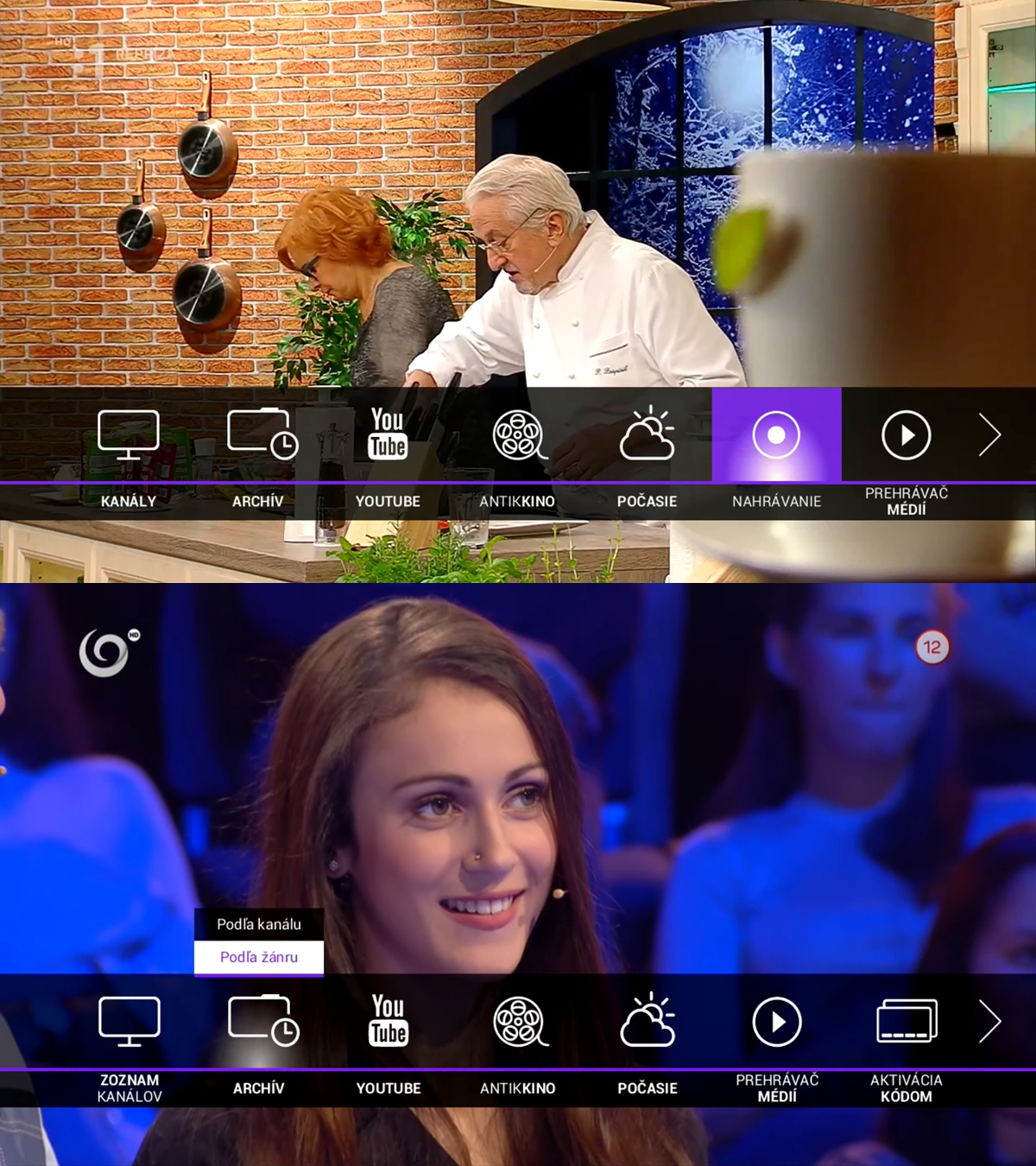 Hlavní menu TV služby Antik Telecom ve verzi 2.0