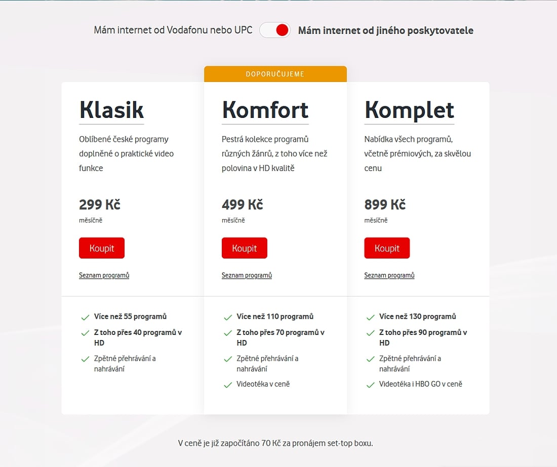 Standardní tarify Vodafone TV bez zvýhodnění „Internet od Vodafone/UPC“