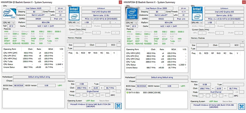 Informace systémové utility HWInfo. Vlevo X45 s Celeronem, vpravo X55 s Pentiem Silver.