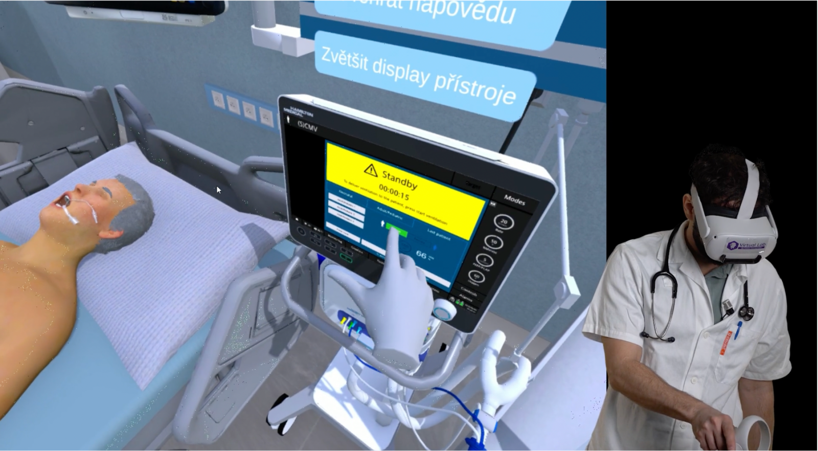 Ukázka aplikace Virtual JIP pro trénink lékařů.