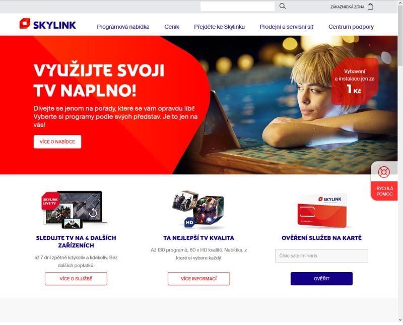 Služba Skylink Live TV je na hlavní stránce satelitního operátora hodně nenápadná. Jeho internetová televize by si určitě zasloužila víc nemluvě o tom, že si M7 Group neregistrovala ani doménu „skylinklivetv.cz“ či „skylinklive.cz“.