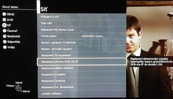 V menu nastavení Síť najdete i tuším loňskou novinku, volbu pro DVB via IP. Nad ním vidíte špičkovou volbu TV Anywhere, kterou Panasonic z neznámých důvodů vůbec nepropaguje, ale která je v dnešním, na jednu stranu propojeném (internet) a na druhou stranu velmi separovaném (rigidní autorská práva) světě velice užitečná.