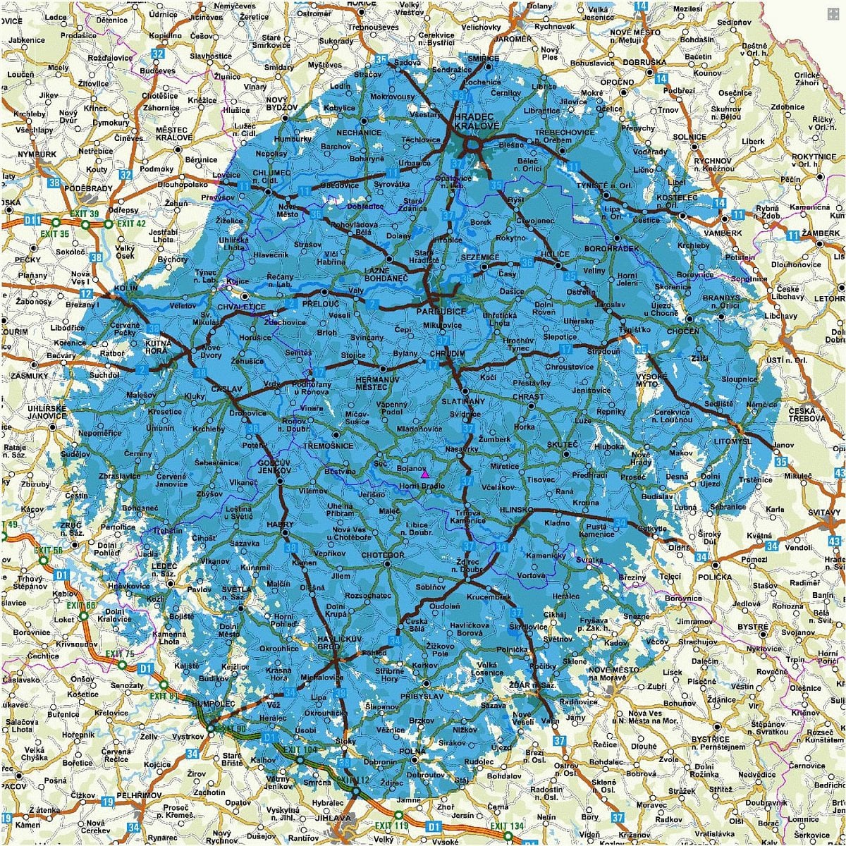 Pokrytí, Multiplex 3, Hradec Králové/Pardubice, stanoviště Krásné 19 - 10 kW.