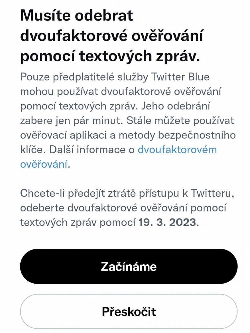 Dvoufaktorové ověření na Twitteru přes SMS jen pro platící