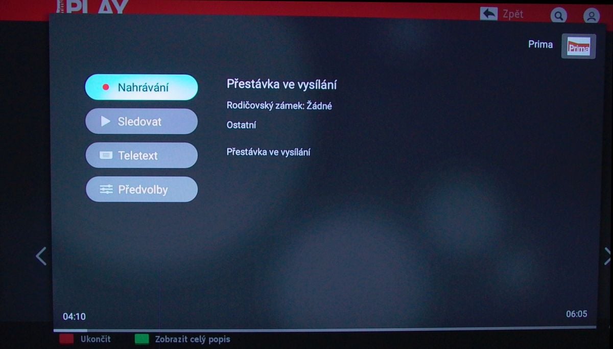 Tlačítko „plus“ (Options) se nyní chová podle aplikace ve které ho vyvoláte. Jednou jen označí soubor jako oblíbený, jinde, například v HbbTV, resp. v TV tuneru, což vidíte na snímku, nabídne takovéto menu. Podle TP Vision je to už dnes věcí operačního systému a chování bohužel nelze ovlivnit.