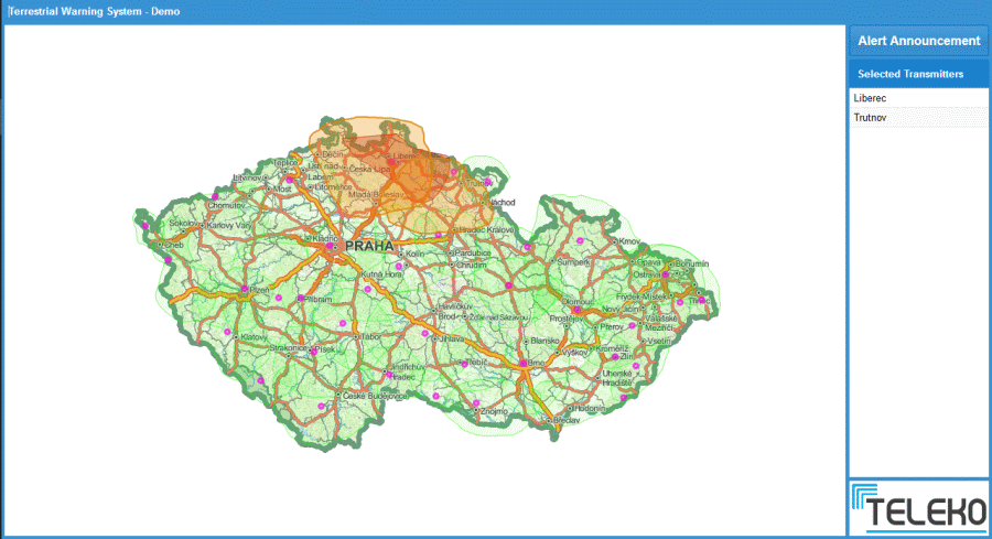 Příklad výběru oblasti pro hlášení pomocí TWS – Liberecko a Trutnovsko.