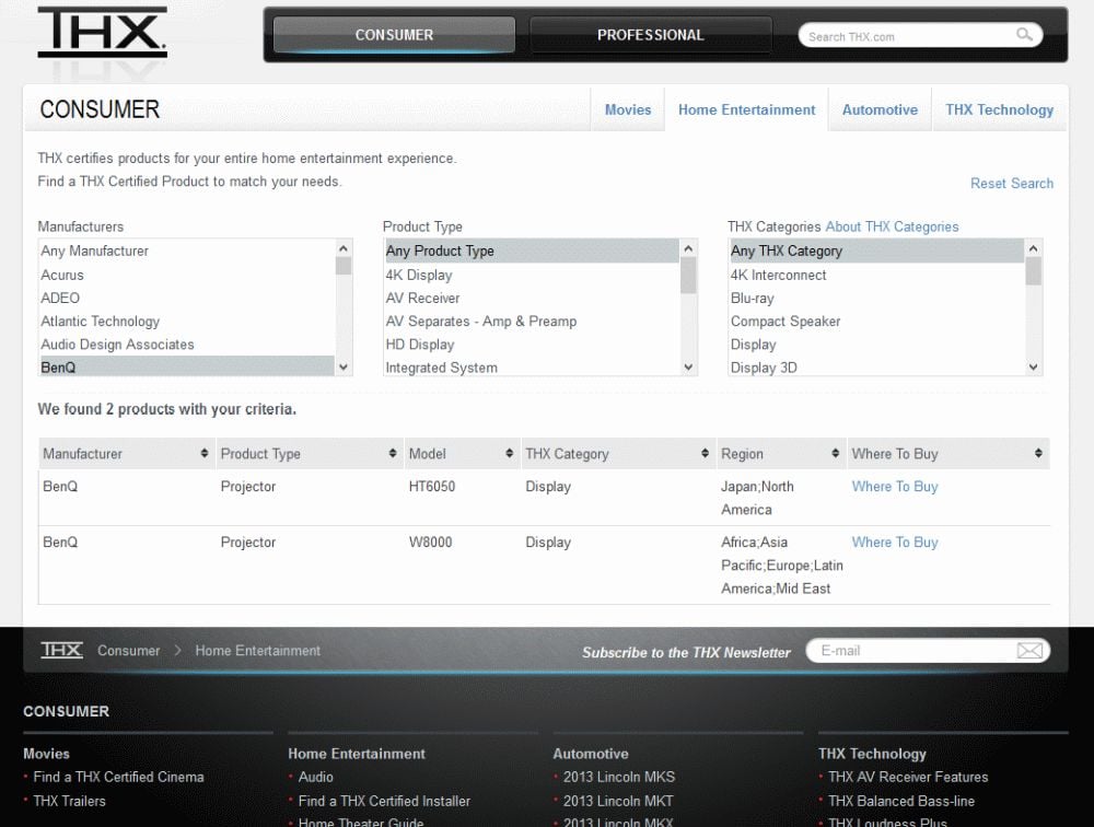 Výpis ze seznamu certifikovaných zařízení na THX.com.