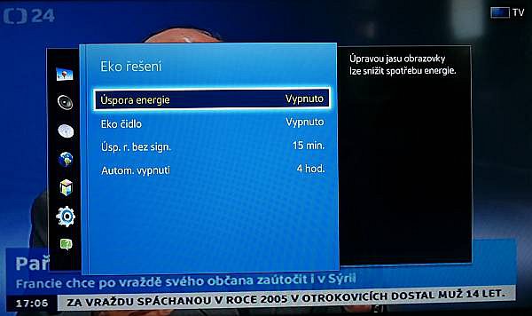 Volbu Eko řešení najdete v menu Systém. Další nastavení můžete udělat typicky v menu Obraz.