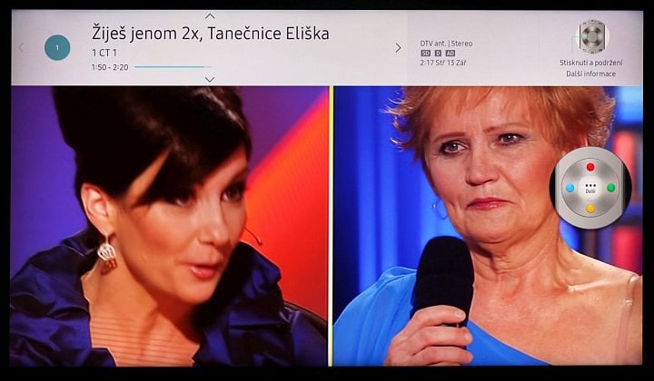 HbbTV je třeba po instalaci Samsungu nejprve zprovoznit. Pak jde vyvolat červeným tlačítkem, které ale na ovladači chybí a musíte tak zmáčknout pomocnou klávesu. Nabídku vidíte vpravo.