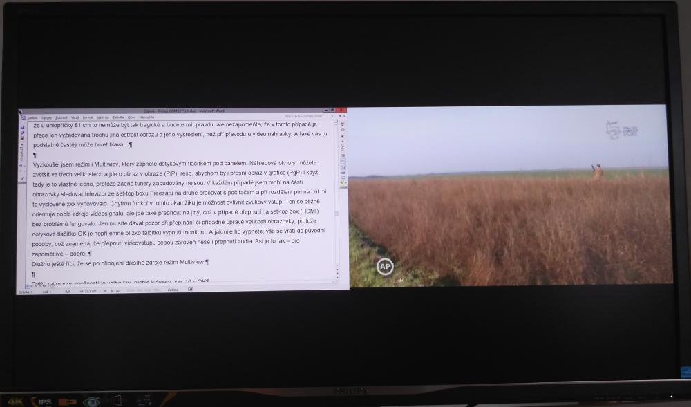 Do tohoto režimu se dostanete přes volbu PBP. Škoda, že jednotlivé poloviny obrazovky skutečně nepředstavují celou její výškovou polovinu. Při práci s počítačem by se to například u textového procesoru dost hodilo!