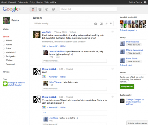 Základní obrazovka Google Plus rozložením připomíná Facebook