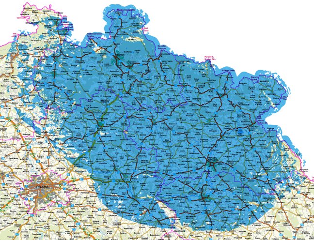 Pokrytí multiplexu 3 z vysílačů Liberec - Ještěd (kanál 60) a Trutnov - Černá hora (kanál 60)